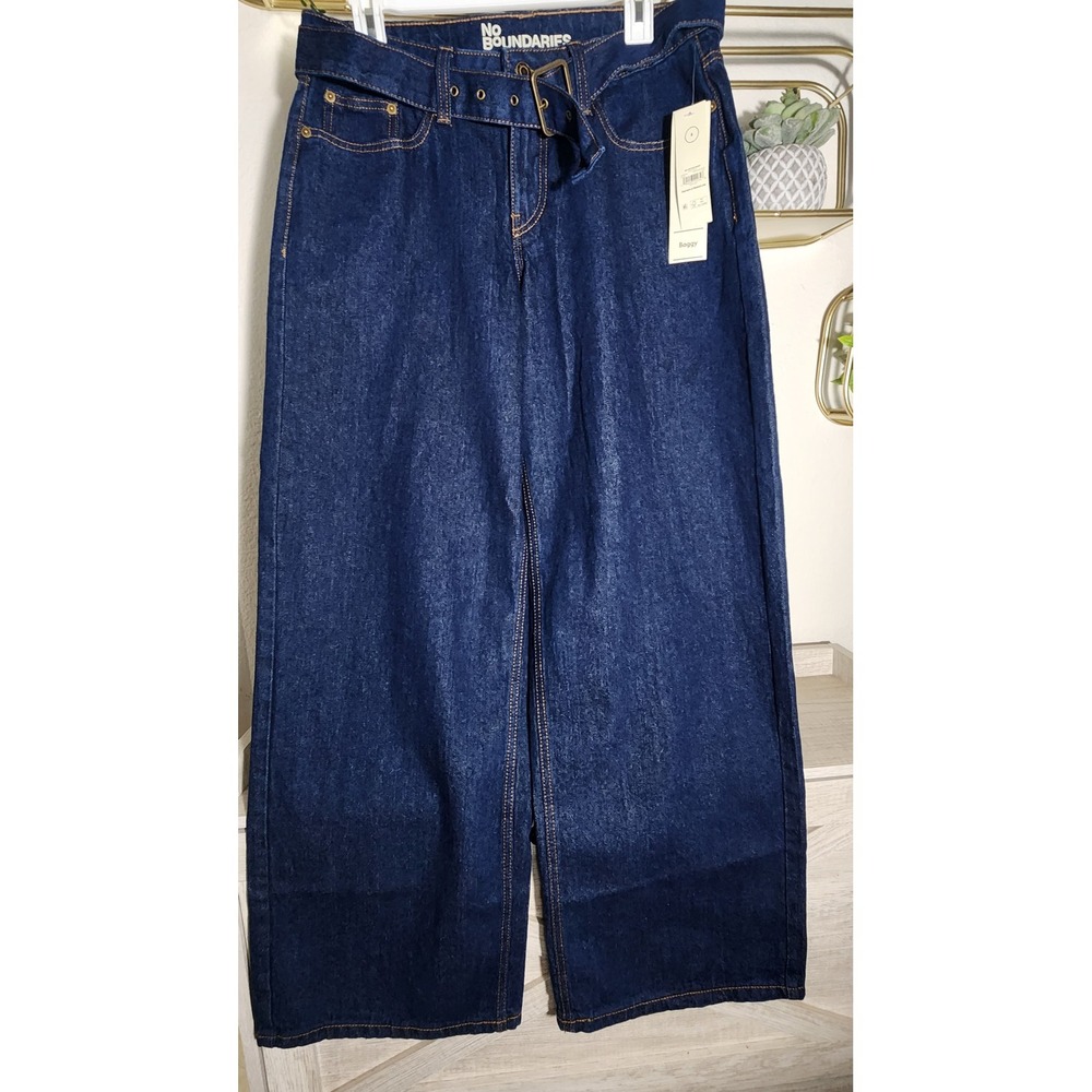 No Boundaries Women High Rise Baggy Jeans Dark Wash Belted Denim Size 8 NWT